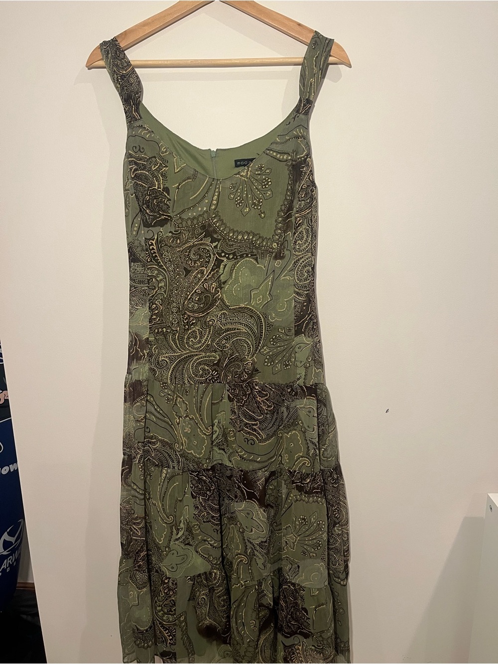 Vintage 90s Y2K Olive Green Paisley Tiered Maxi Dress - Picture 2 of 11